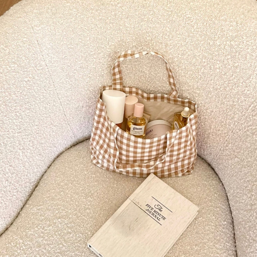 BROWN CHEQUERED TOTE BAG