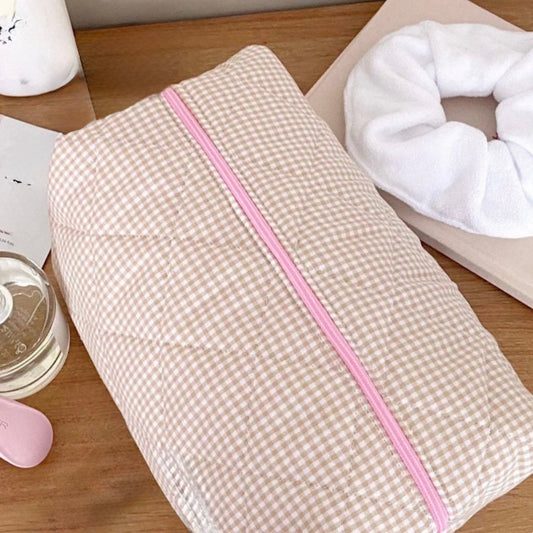 BROWN CHEQUERED MAKEUP BAG