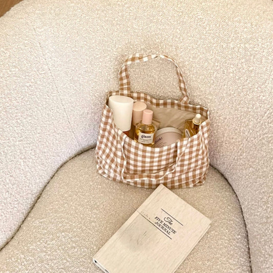 BROWN CHEQUERED TOTE BAG